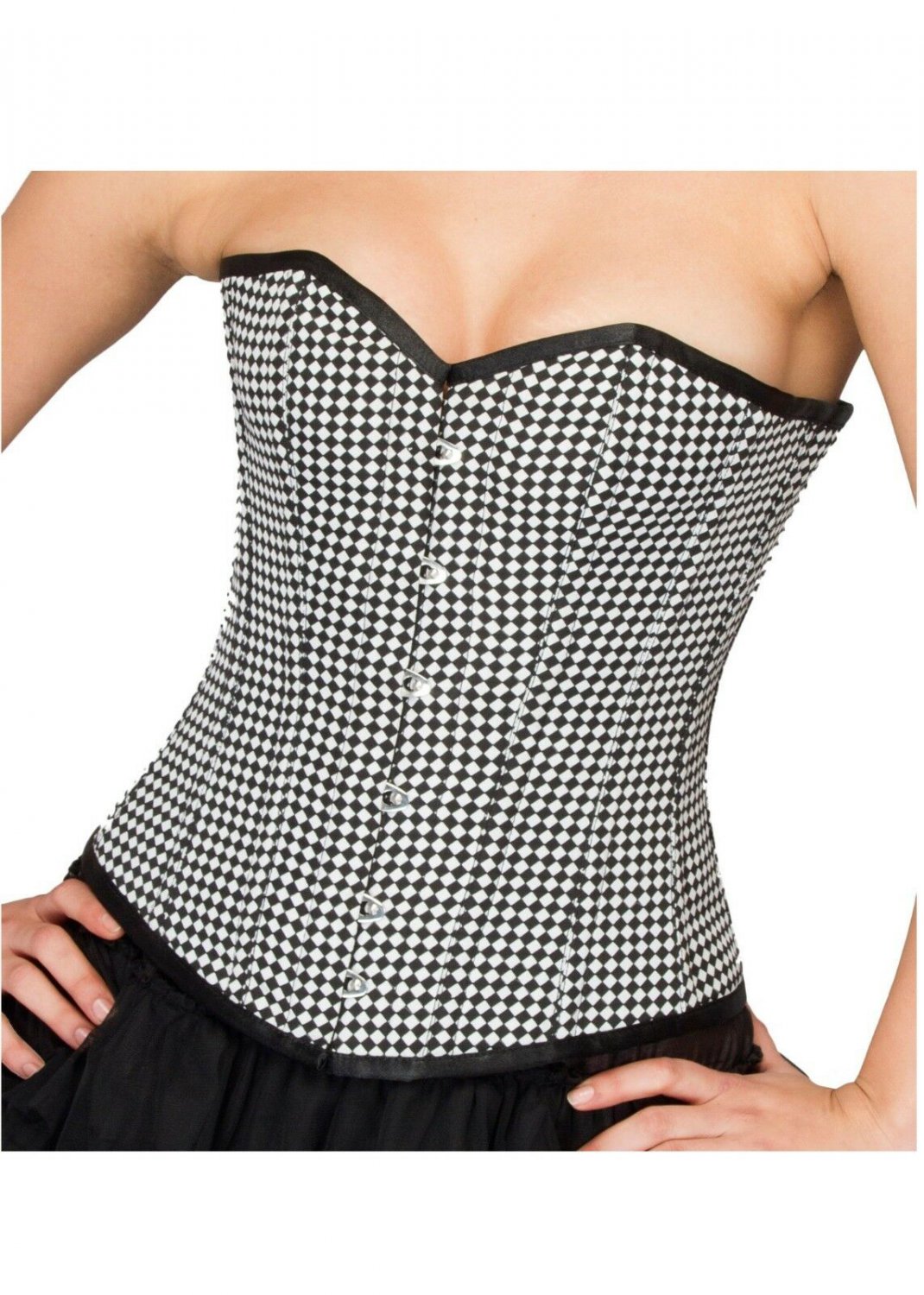 Black White Check Polyester Burlesque Overbust PLUS SIZE Corset Waist Cincher