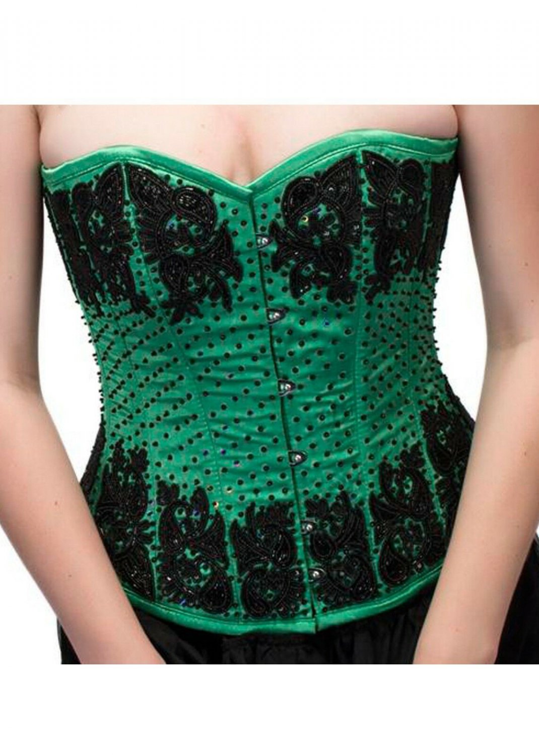 Green Satin Handmade Sequins Bustier Overbust PLUS SIZE Corset Waist Training