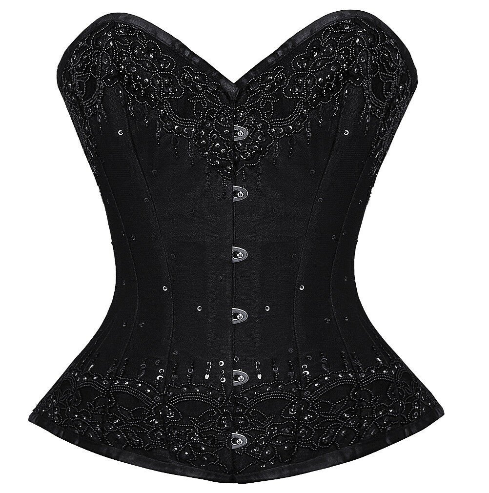 Black Fabric Handmade Sequins Burlesque Waist Training Overbust PLUS SIZE Corset