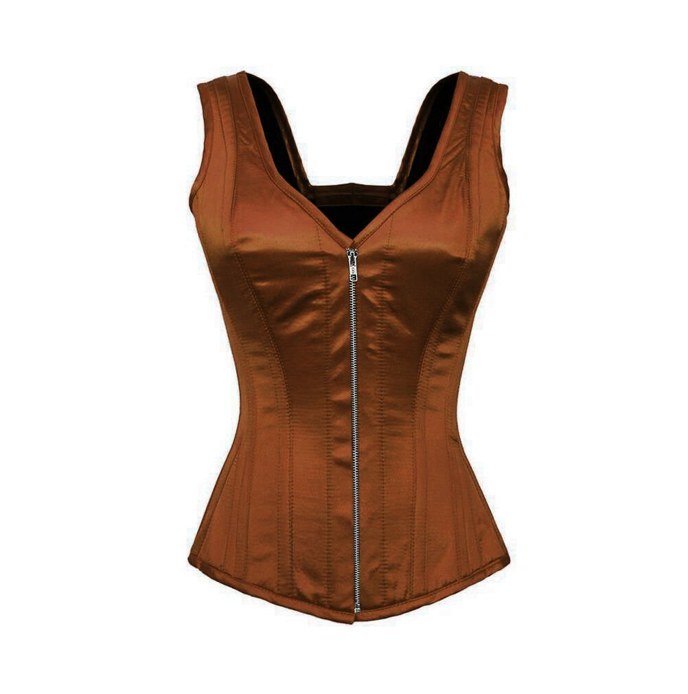 Brown Satin Zipper Gothic Overbust PLUS SIZE Corset Costume with Shoulder Straps