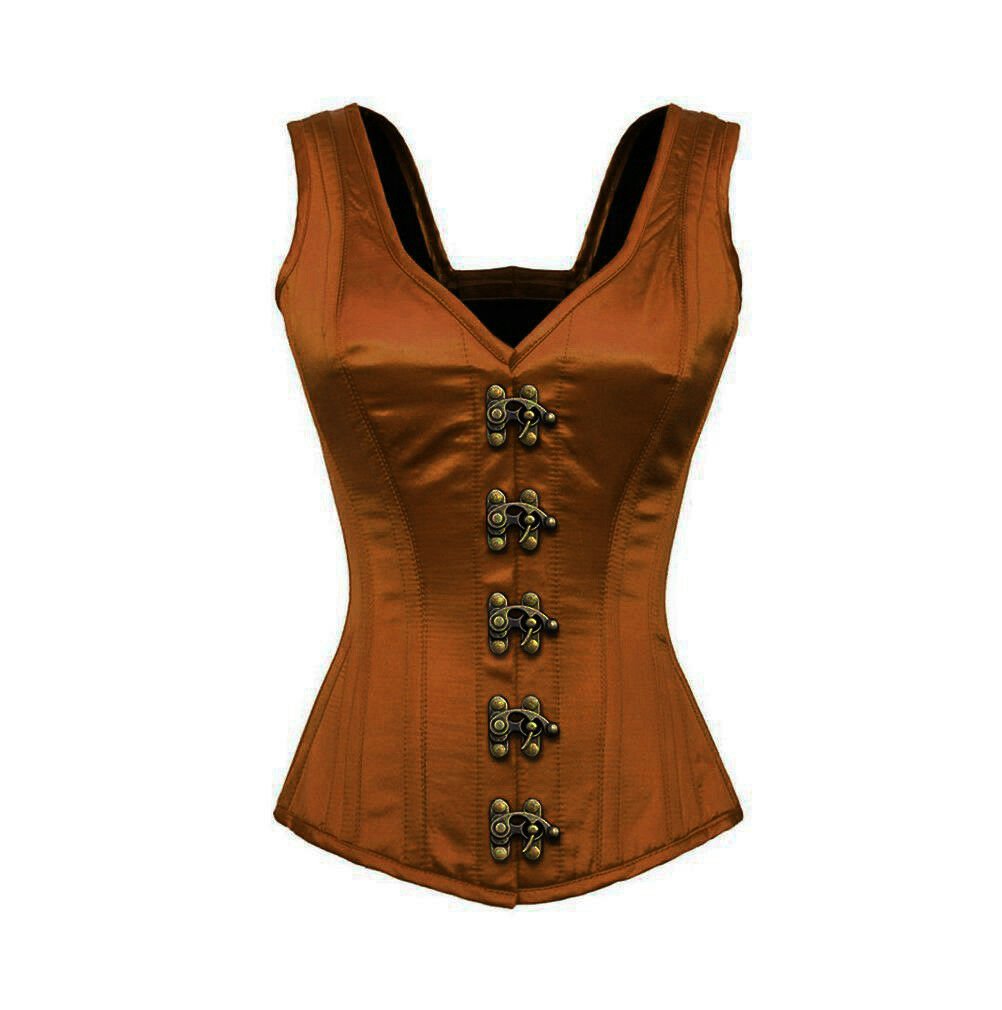 Brown Satin Front Clasps Overbust PLUS SIZE Corset Costume with Shoulder Straps