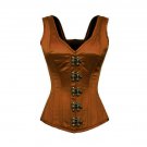 Brown Satin Front Clasps Overbust PLUS SIZE Corset Costume with Shoulder Straps