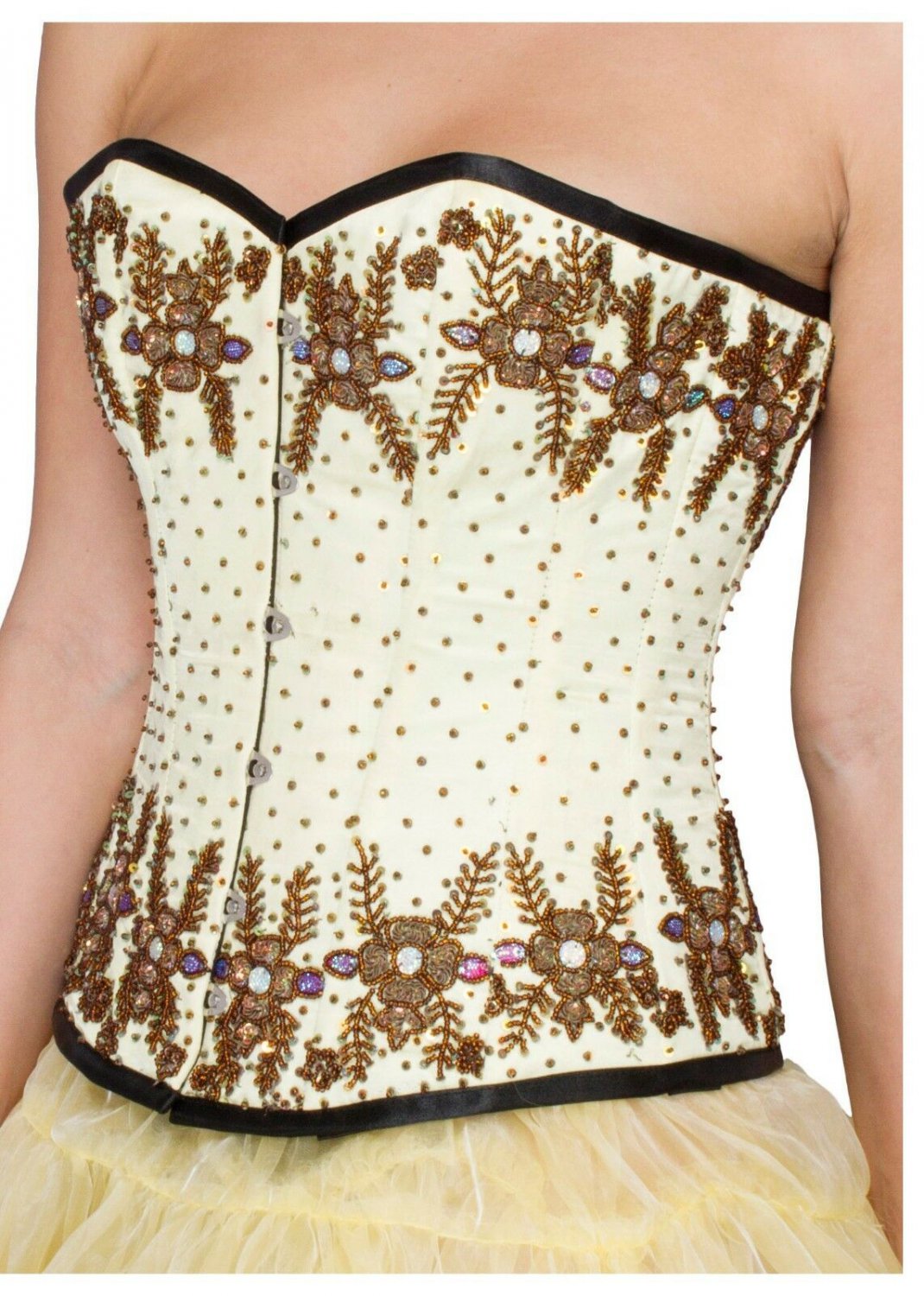 Yellow Satin Overbust Brown Sequin PLUS SIZE Corset Waist Training Costume Top