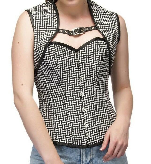 Black White Polyester Steampunk Costume Overbust PLUS SIZE Corset Top With Shrug