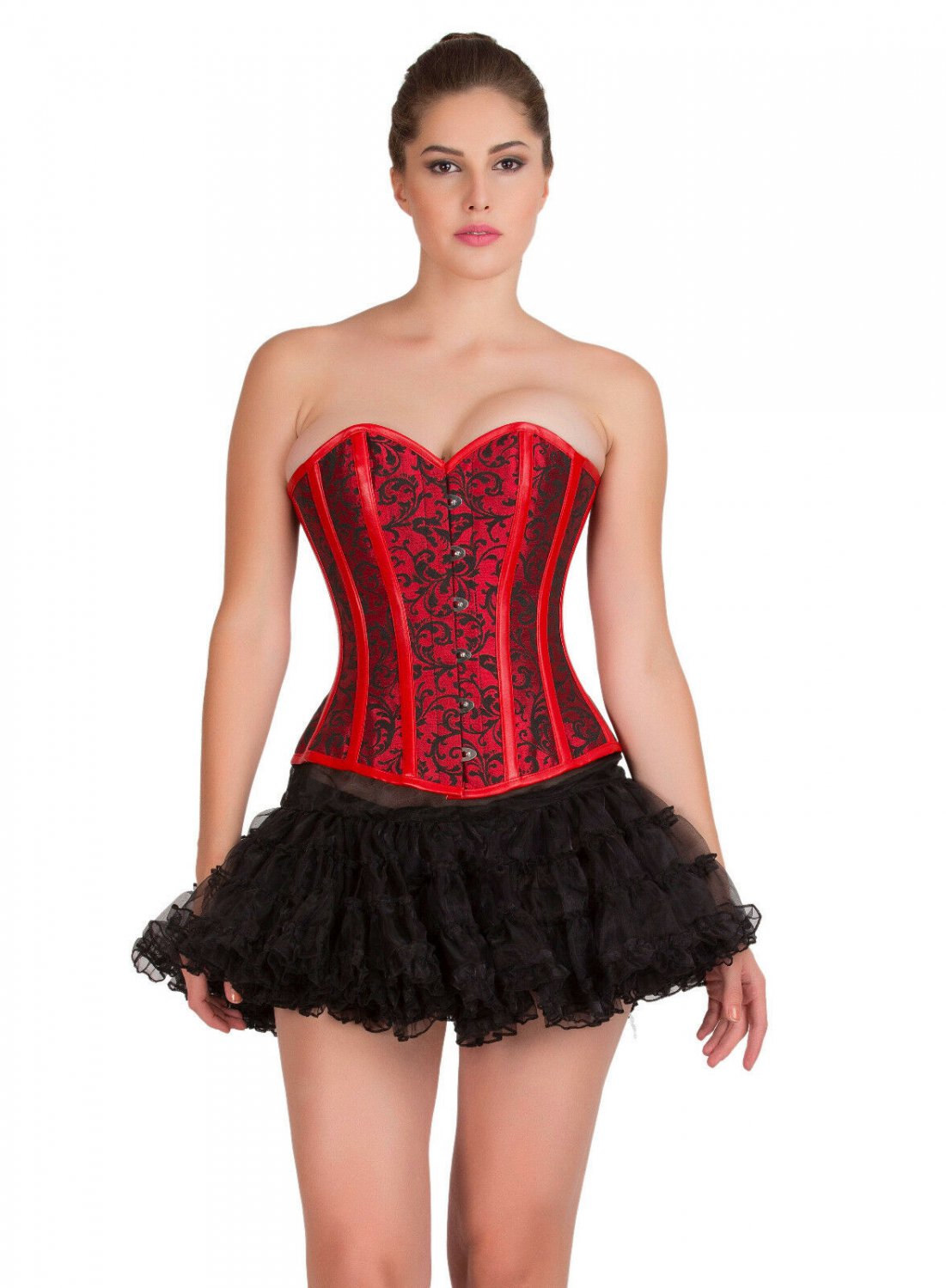 Red Black Brocade Leather Strips Overbust Tutu Skirt Christmas Corset Dress