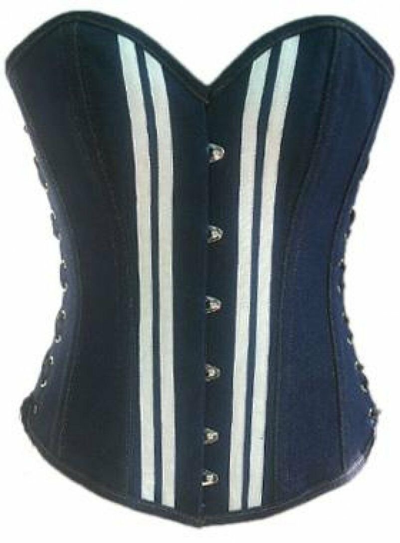 Blue Denim White Strips Goth Christmas Costume Waist Training Overbust Corset