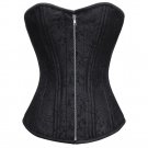 Women Black Gothic Brocade Spiral Steel Boned Zip PLUS SIZE Corset Overbust Top