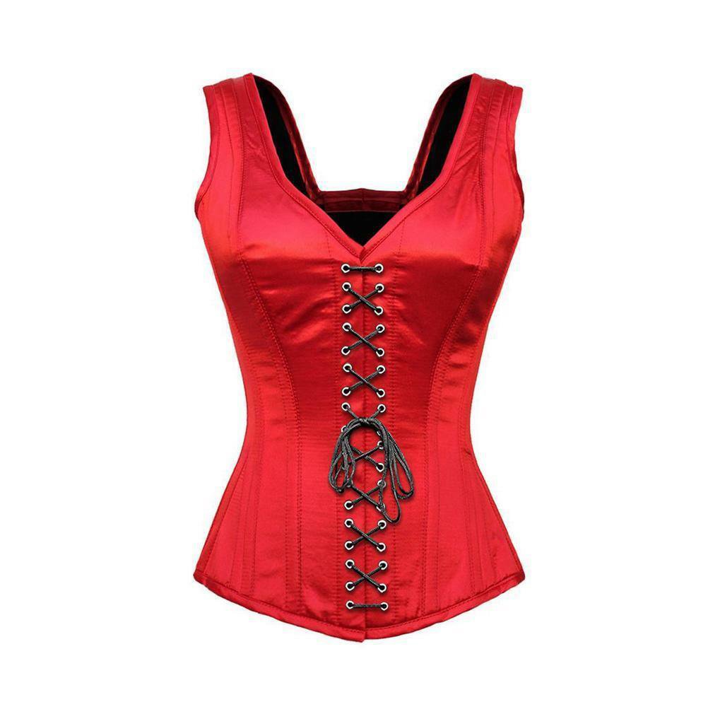 Red Satin Shoulder Strap Front Black Lace Goth Overbust PLUS SIZE Corset Costume