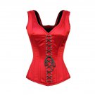 Red Satin Shoulder Strap Front Black Lace Goth Overbust PLUS SIZE Corset Costume