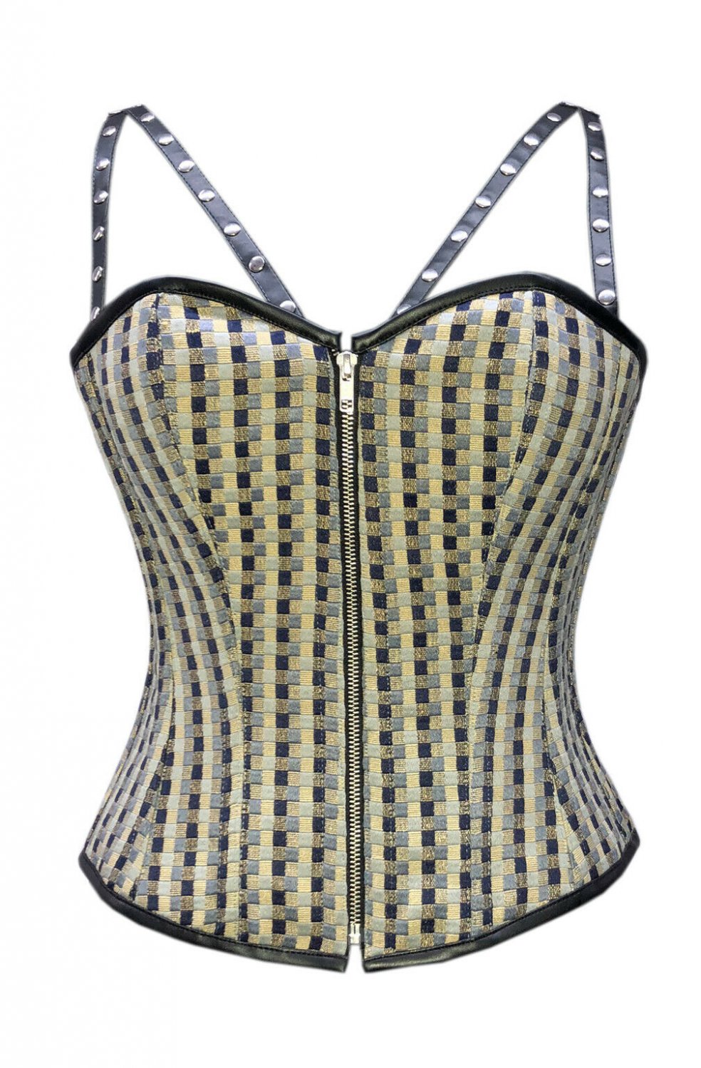 Checkered Black Leather Straps Gothic Steampunk PLUS SIZE Corset Overbust Dress