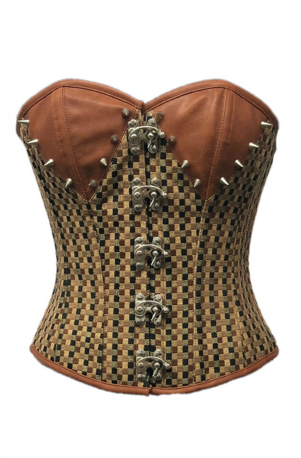 Brown Checkered Print Spike Gothic Steampunk PLUS SIZE Corset Costume Overbust
