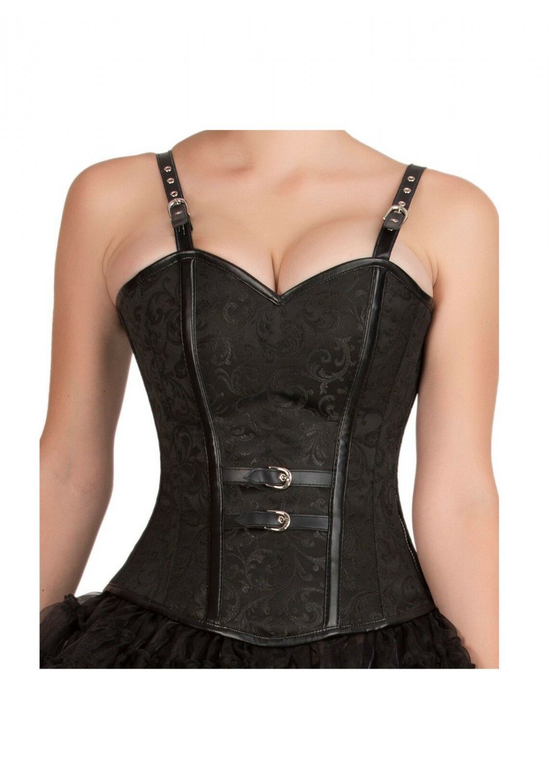 Black Brocade Leather Straps Bustier Party Costume Overbust PLUS SIZE Corset