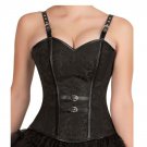 Black Brocade Leather Straps Bustier Party Costume Overbust PLUS SIZE Corset