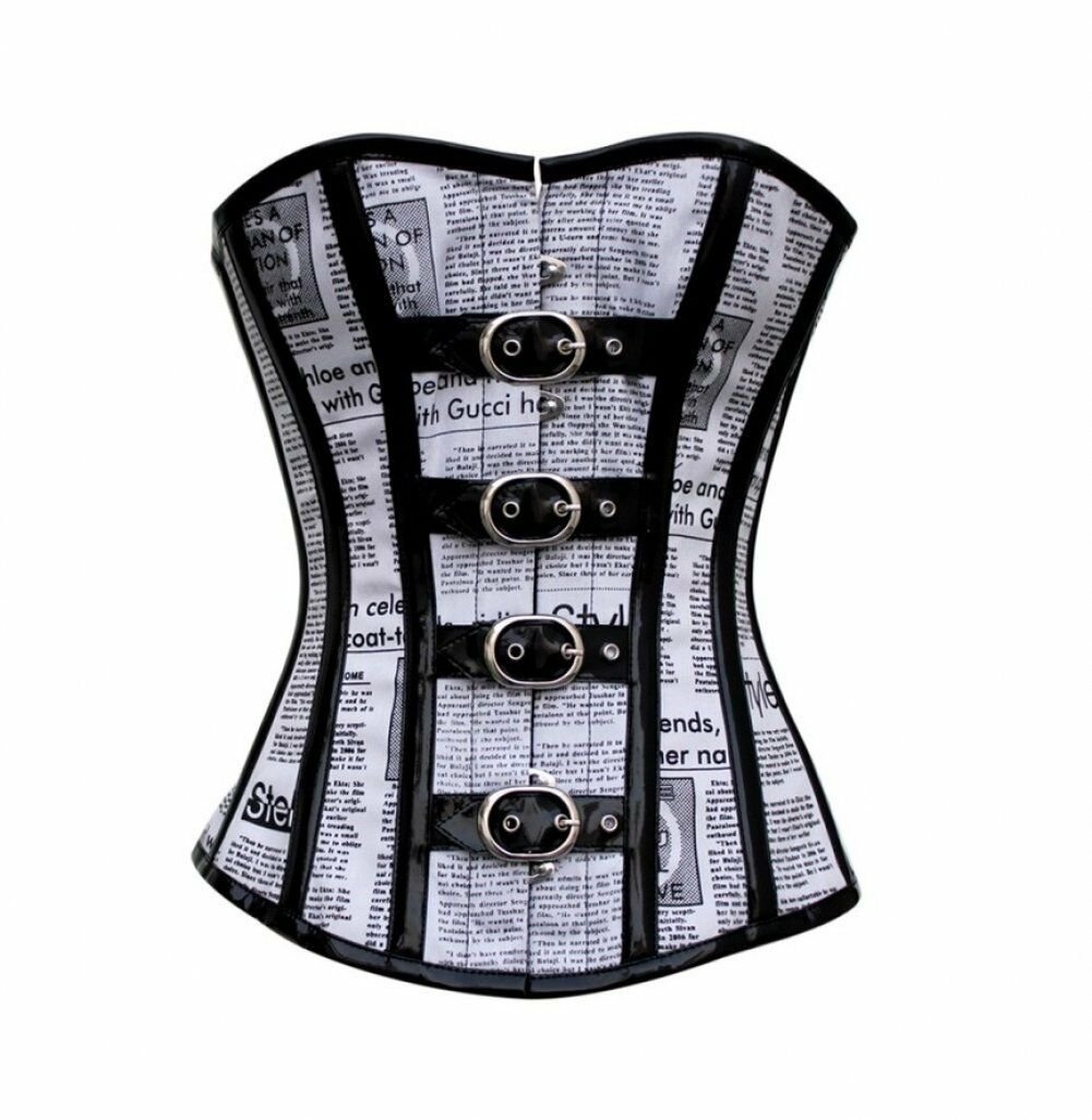 Newspaper Print Black PVC Leather Strip Christmas Overbust Corset Waist Training