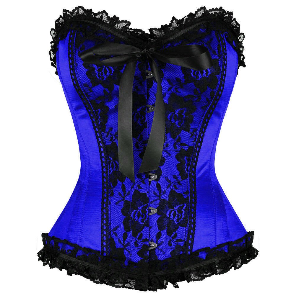 Blue Satin Black Net Goth PLUS SIZE Costume Waist Shaper Bustier Overbust Corset