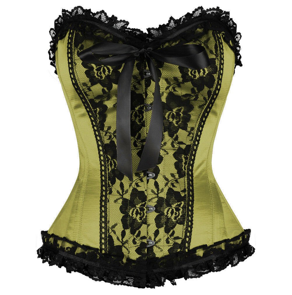 Olive Green Satin Black Net PLUS SIZE Corset WaistShaper Basque Overbust Costume
