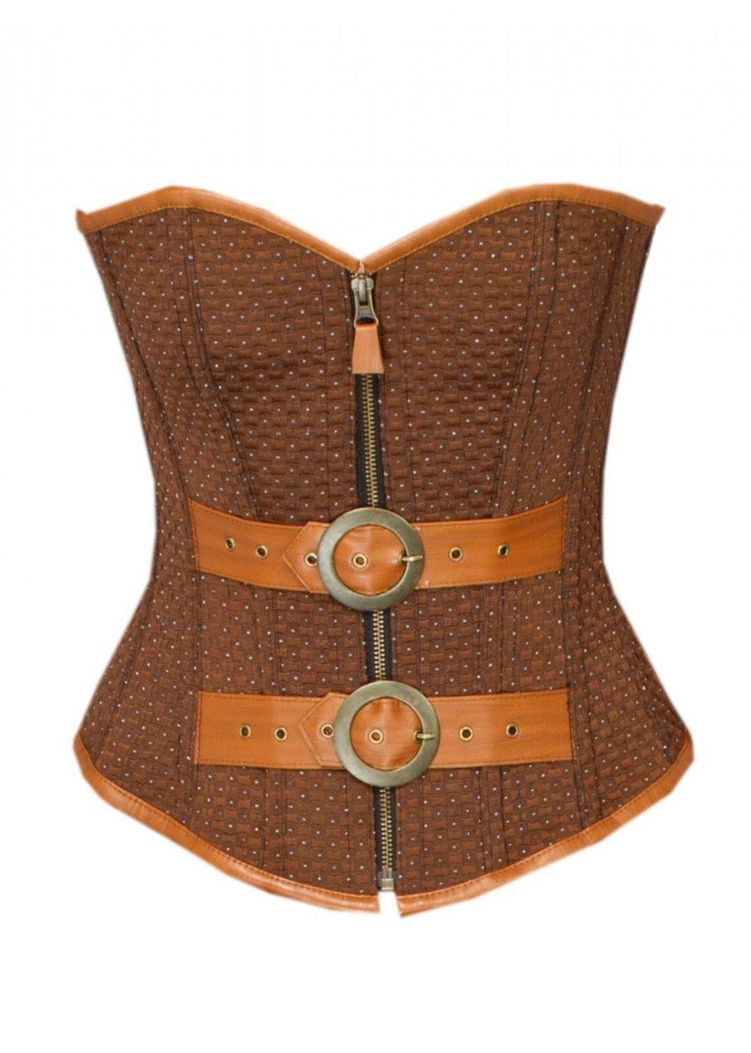 Brown Cotton Leather Goth Overbust Zipper PLUS SIZE Corset Waist Cincher Costume
