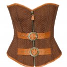 Brown Cotton Leather Goth Overbust Zipper PLUS SIZE Corset Waist Cincher Costume