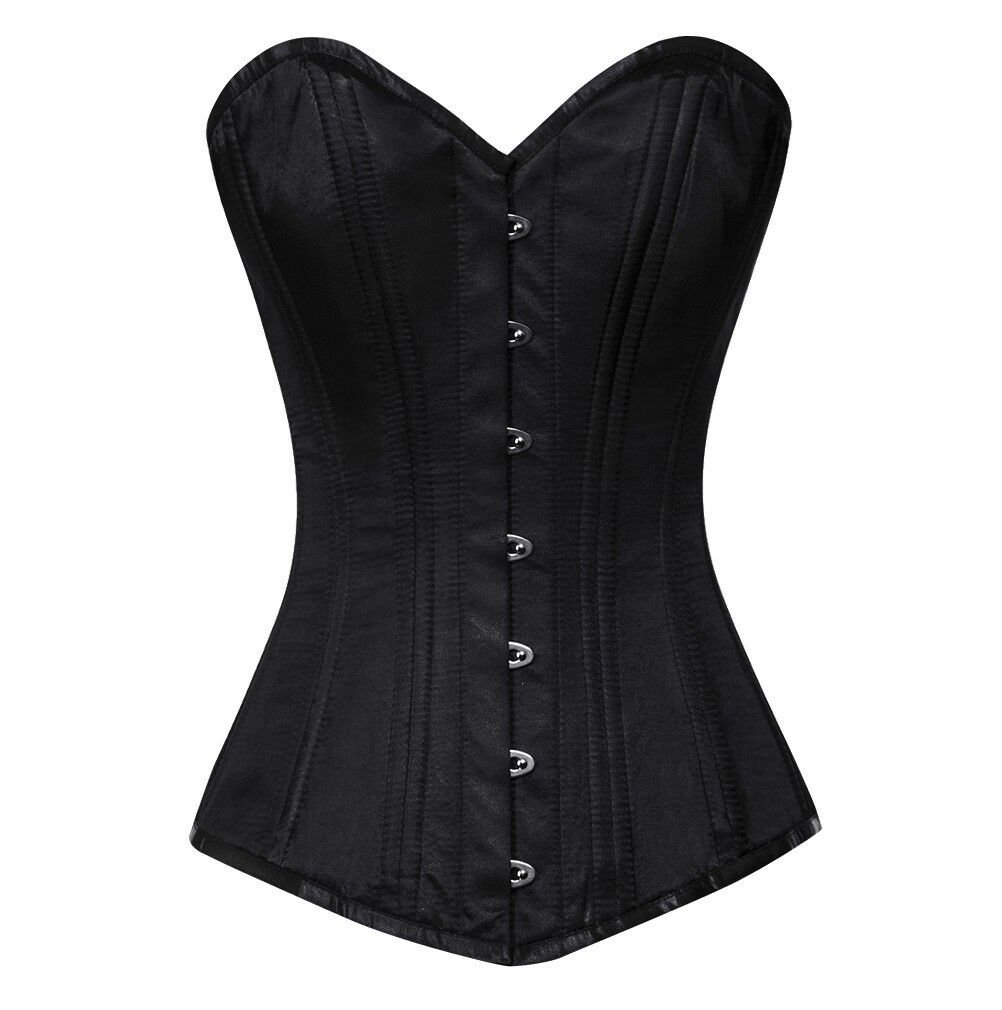 Black Satin Double Bone Gothic Costume Burlesque LONG Overbust PLUS SIZE Corset