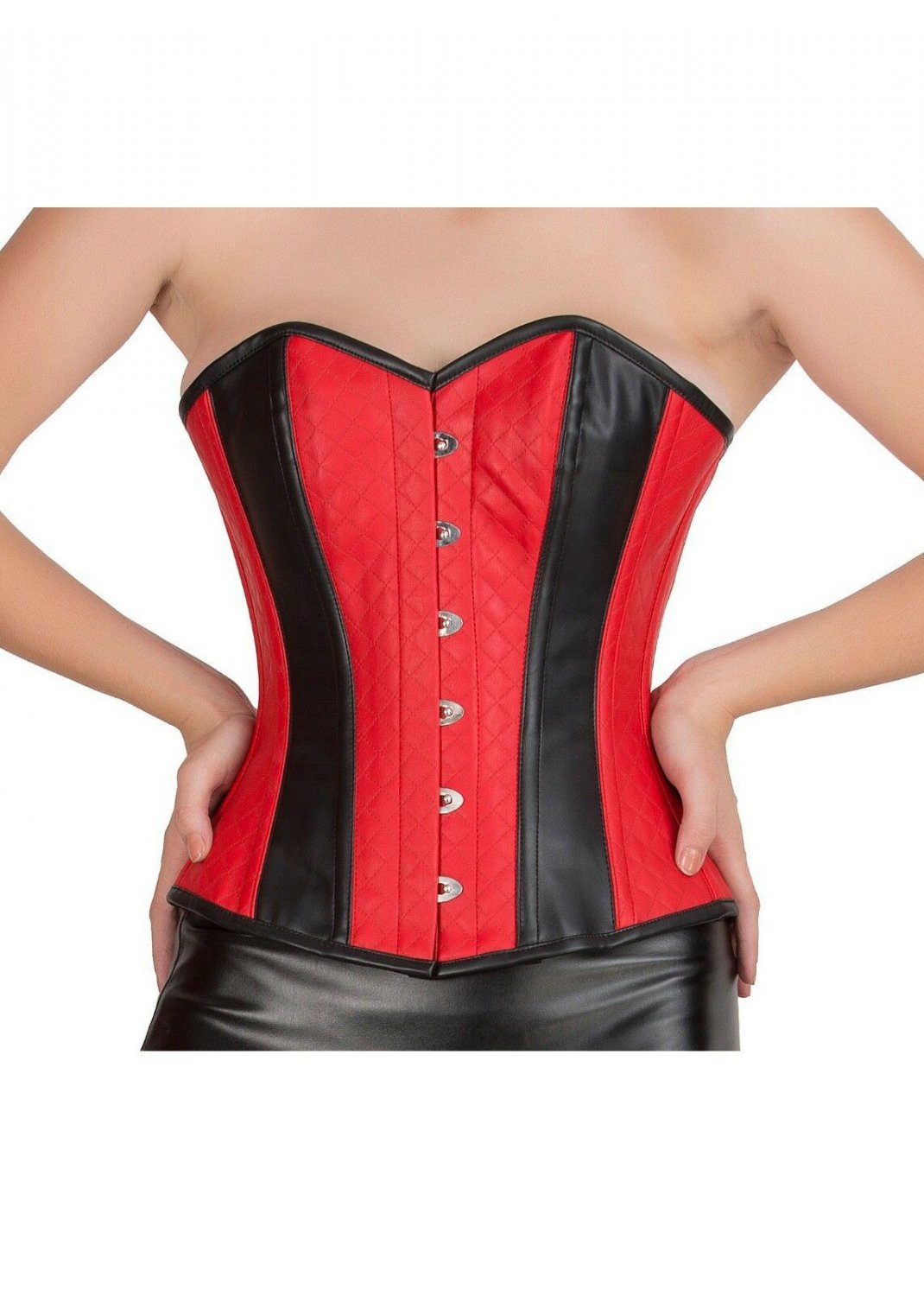 Red Black Leather Steampunk Bustier Overbust PLUS SIZE Corset Waist Training Top