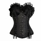 Black Satin Frill Lace Burlesque Overbust PLUS SIZE Corset Waist Cincher Costume