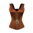 Womens Brown Satin Gothic Overbust PLUS SIZE Corset Costume with Shoulder Straps