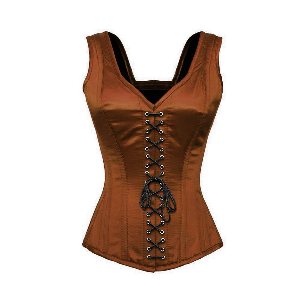 Brown Front Lace Gothic Overbust PLUS SIZE Corset Costume with Shoulder Straps