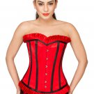 Red Corset Black Trim Satin Burlesque Overbust with Skirt Christmas Corset Dress