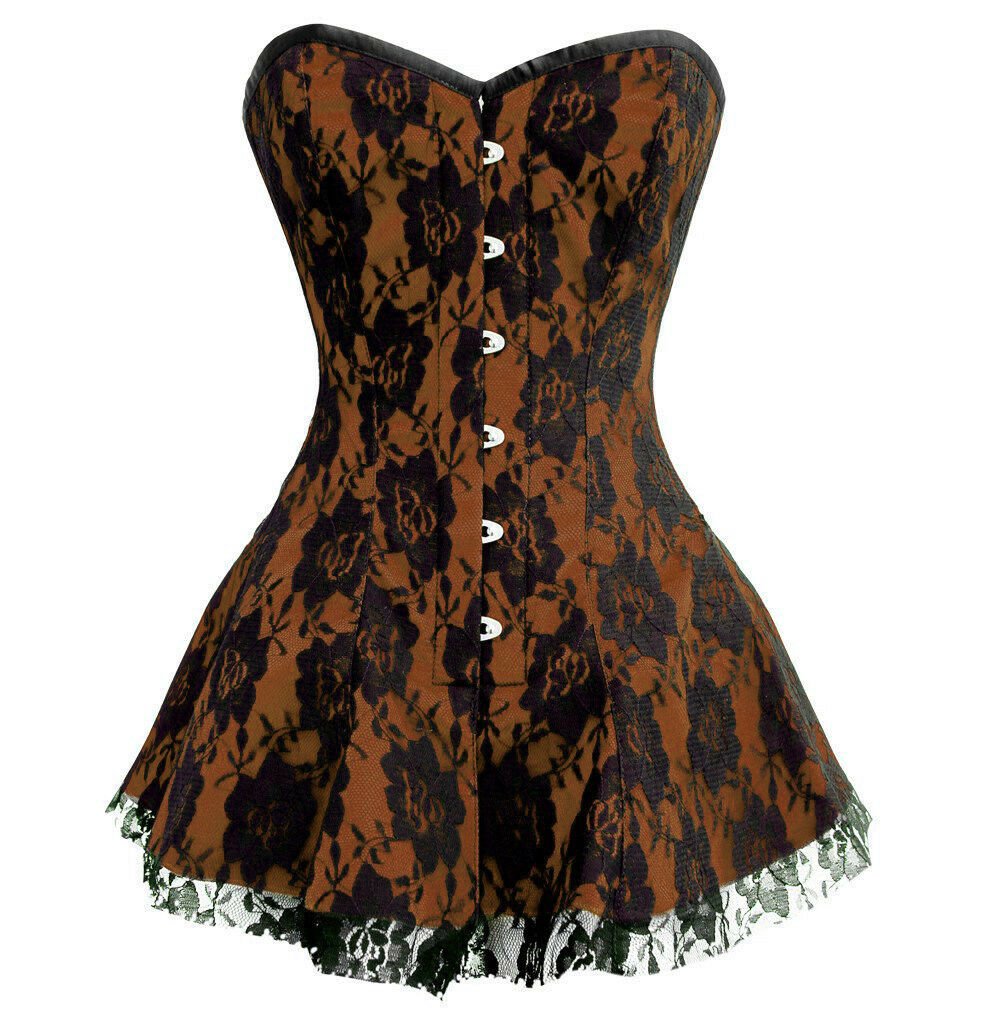 Brown Satin Black Net Goth Costume PLUS SIZE Corset Waist Trainer Overbust Dress