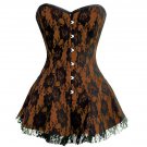 Brown Satin Black Net Goth Costume PLUS SIZE Corset Waist Trainer Overbust Dress