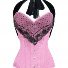 Pink Satin Black Net Halter PLUS SIZE Corset Waist Trainer LONG Overbust Costume