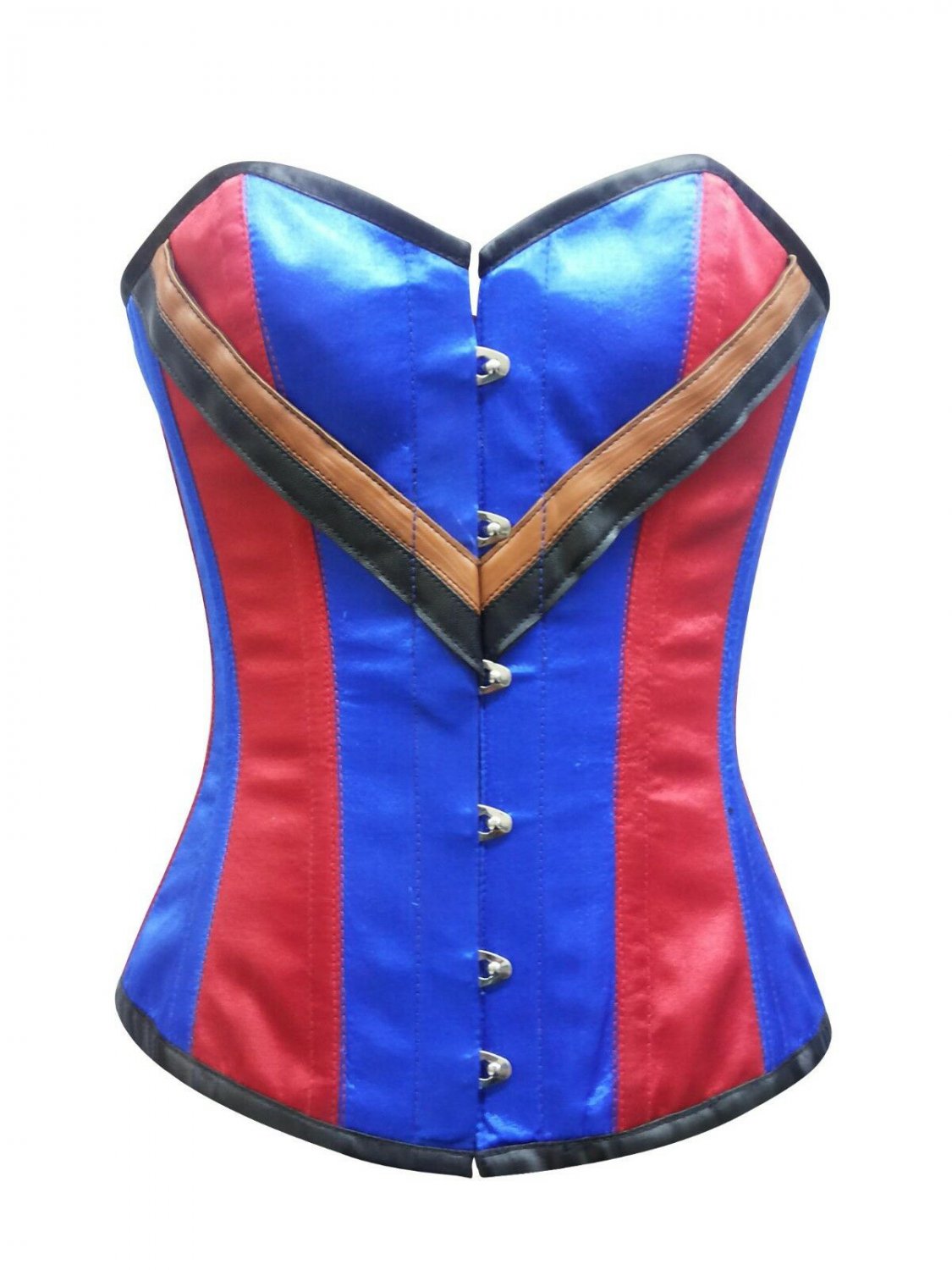 Red Blue Satin V Leather Strap Steampunk Overbust PLUS SIZE Corset Waist Trainer