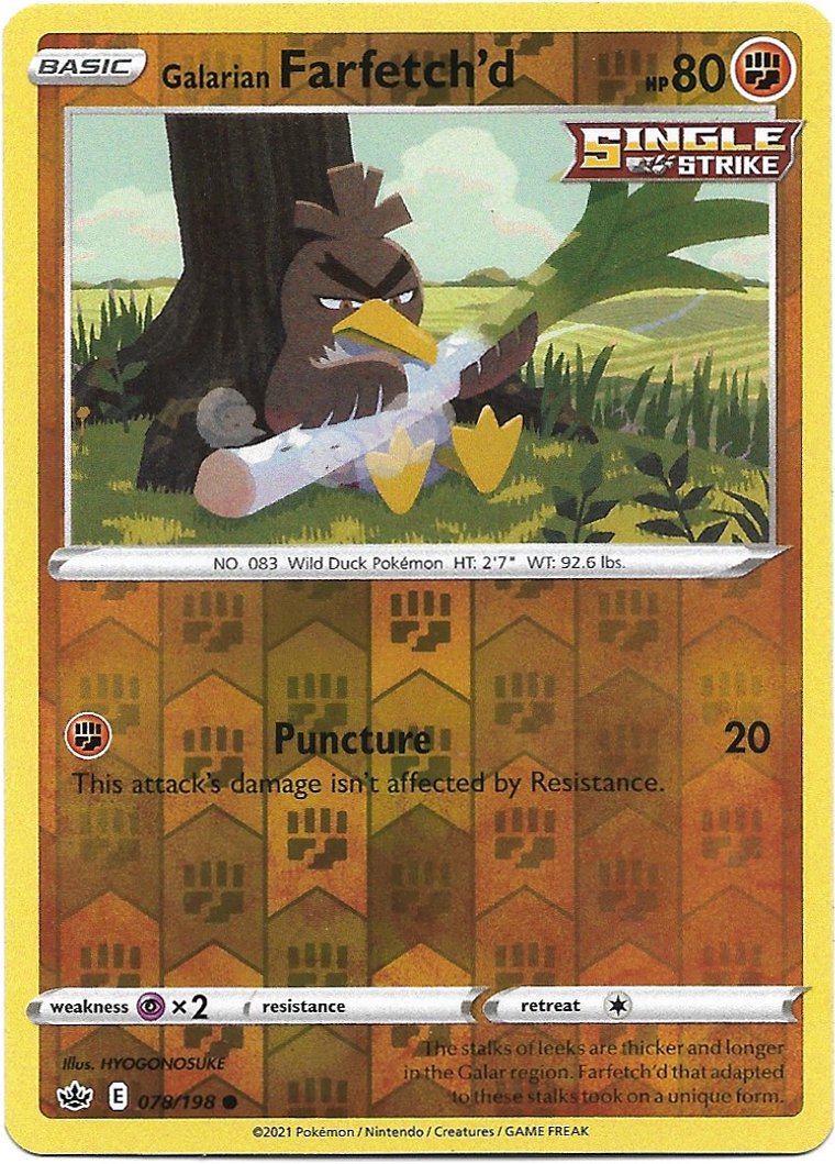 Galarian Farfetch'd Pokemon Sword & Shield Chilling Reign Reverse Foil Trading Card 078/198