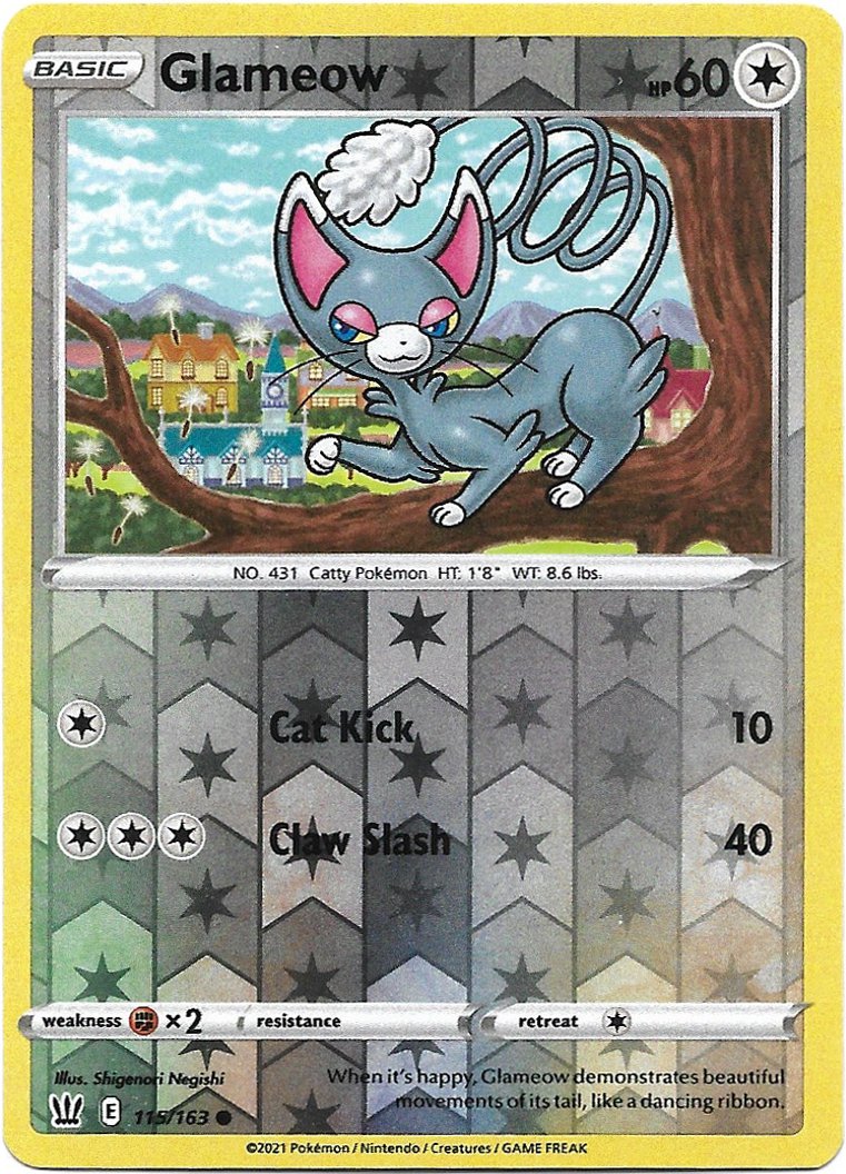 Glameow Reverse Foil Pokemon Battle Styles Trading Card 115/163