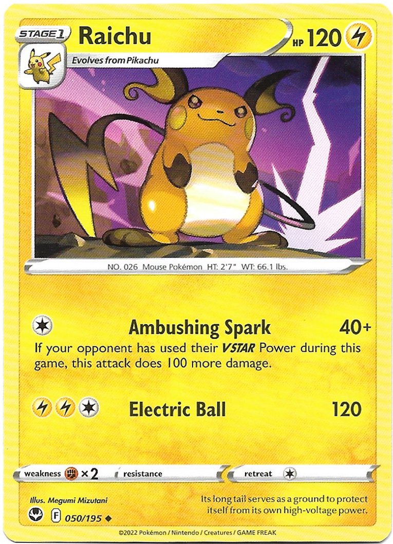 Raichu Pokemon Silver Tempest Trading Card 050/195