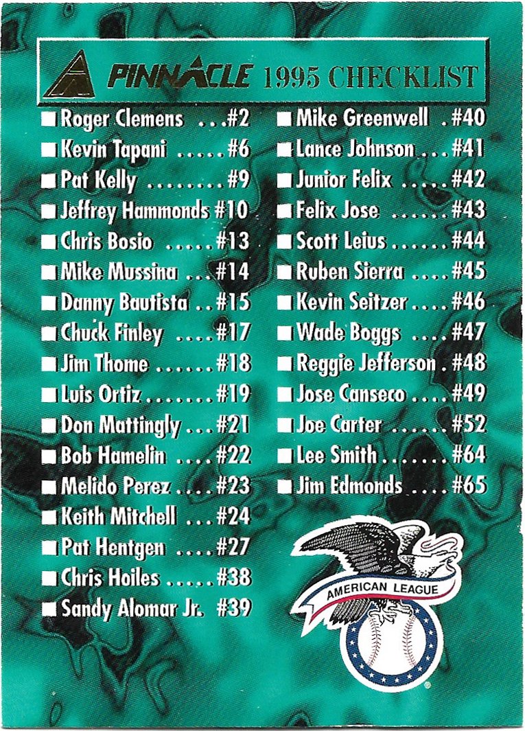 1995 Pinncale Checklist #177 Baseball Card