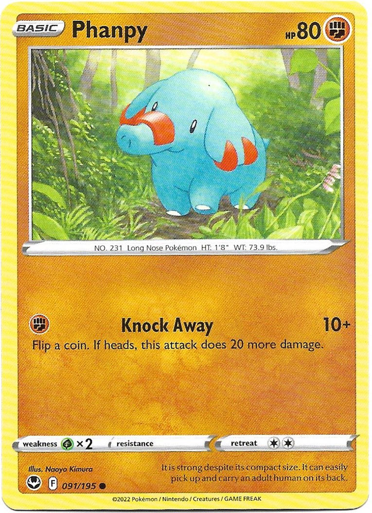 Phanpy Pokemon Silver Tempest Trading Card 091/195
