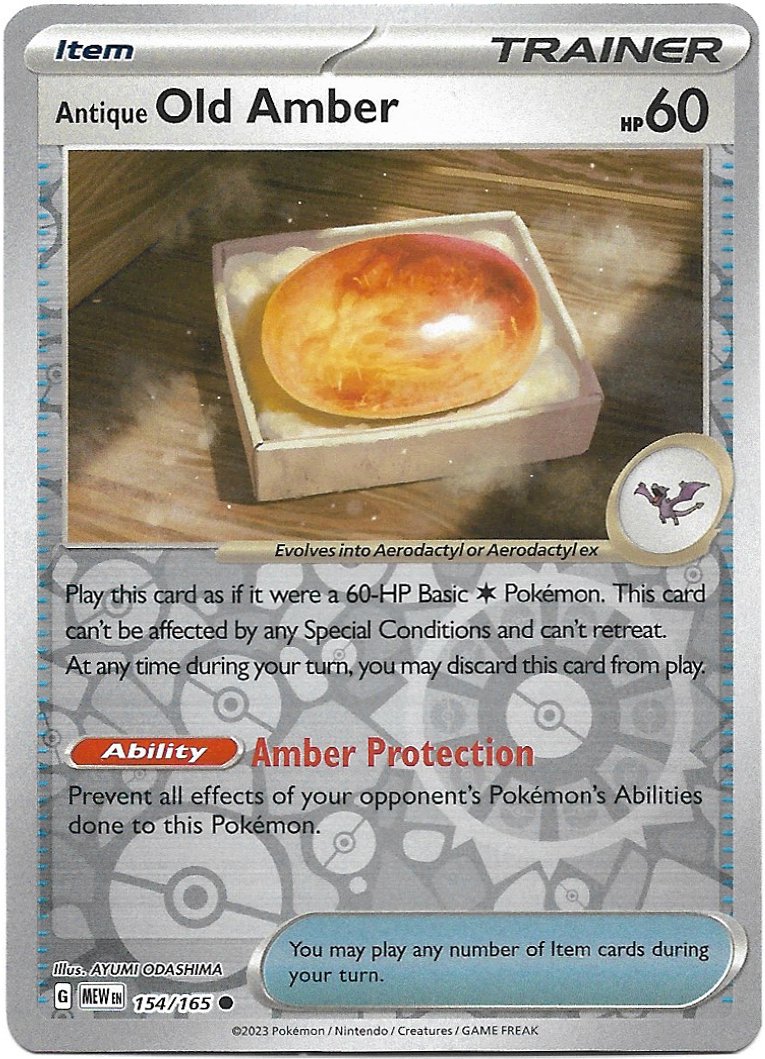 Item Antique Old Amber Pokemon Scarlet & Violet 151 Reverse Foil Trading Card 154/165