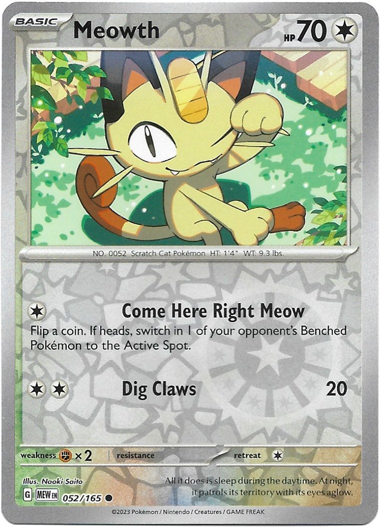 Meowth Pokemon Scarlet & Violet 151 Reverse Foil Trading Card 052/165
