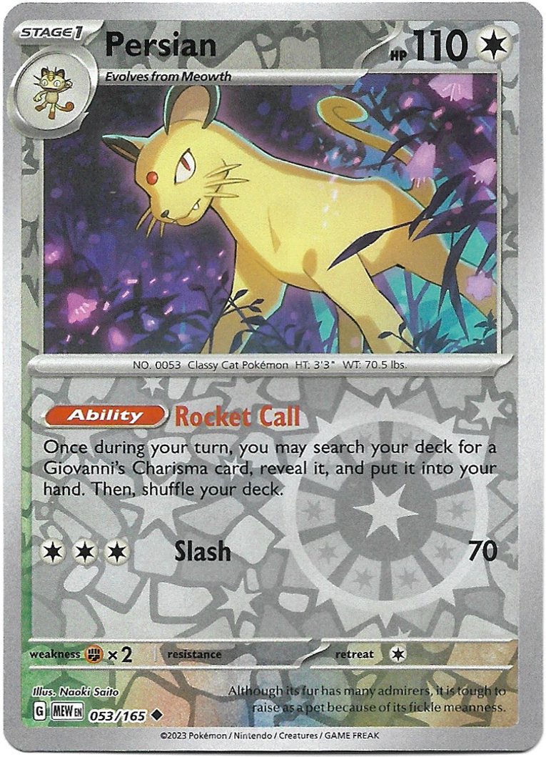 Persian Pokemon Scarlet & Violet 151 Reverse Foil Trading Card 053/165