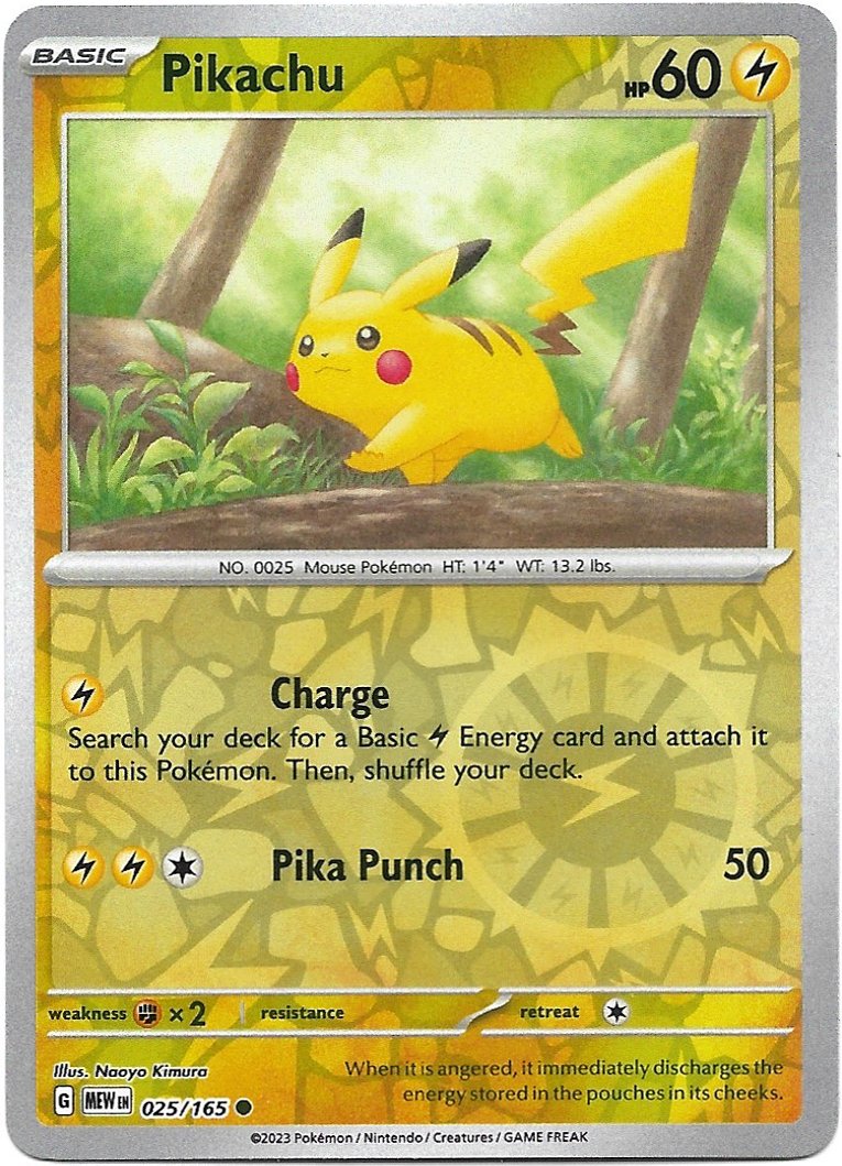 Pikachu Pokemon Scarlet & Violet 151 Reverse Foil Trading Card 025/165