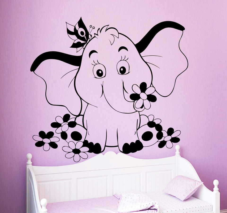 Wall Decal Elephant Animal Flowers Decals Nursery Room Decor Sticker ...