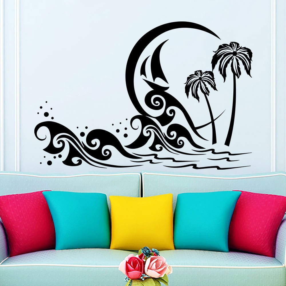 Wall Decal Trees Palms Sea Beach Sun Ship Living Room Decor Sticker Murals AM100