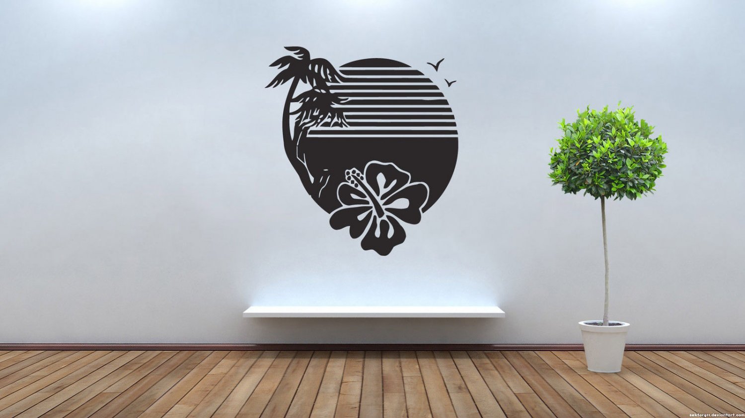 Wall Decor Vinyl Decal Palm Tree Hawaiian Flowers Sunset Ocean tz211