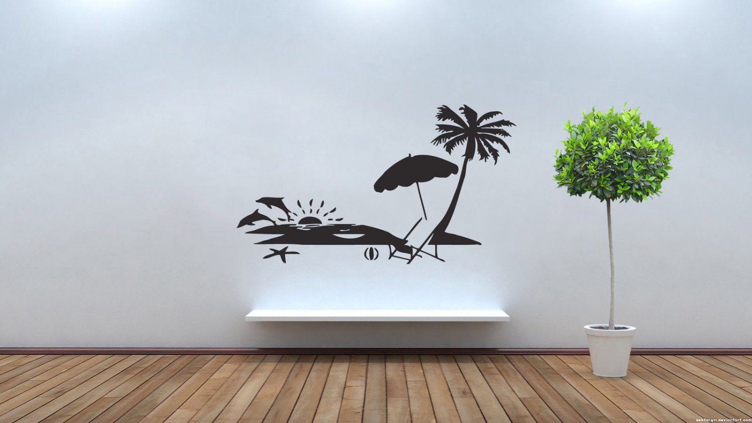 Wall Decor Vinyl Decal Summer Landscape Palm Tree Beach Ocean Dolphins tz192