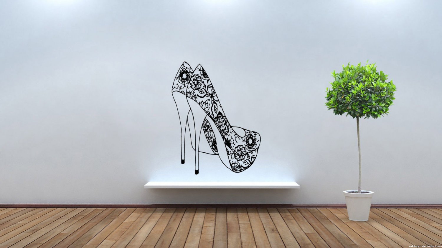 Wall Decor Vinyl Decal Lady's Shoes High Heels With Floral Design tz140