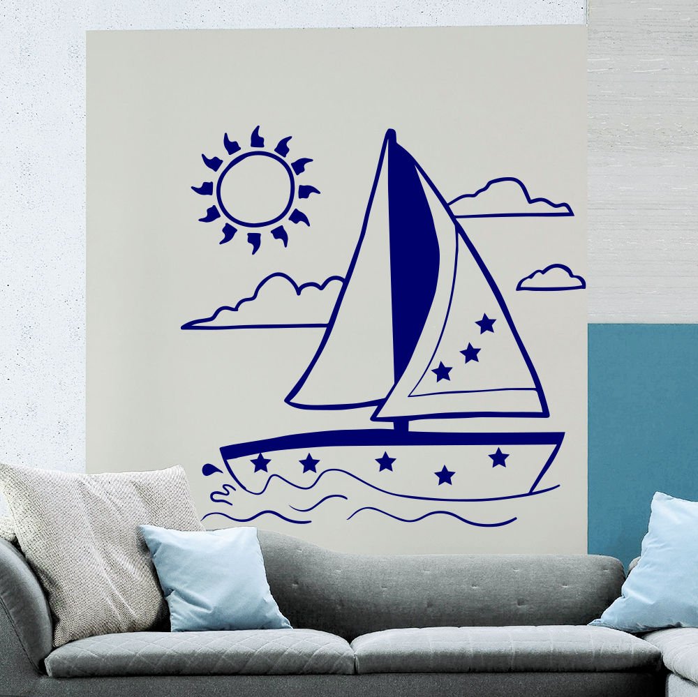 Wall Decal Ship Boat Sail Nautical Clouds Decals Kids Room Decor Sticker AM97