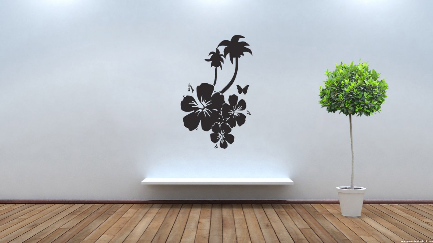 Wall Decor Vinyl Decal Palm Tree Hawaiian Flowers Butterflies tz203