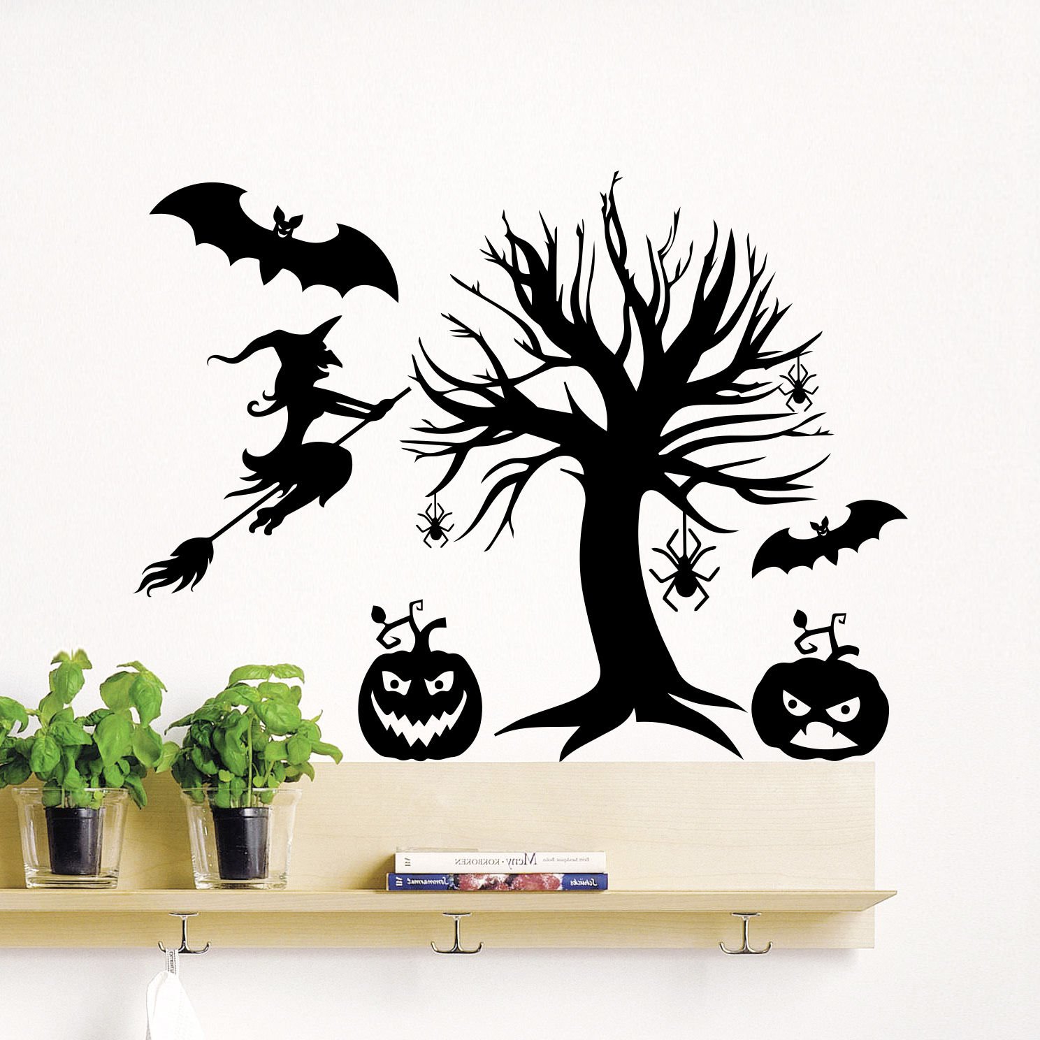 Wall Decal Halloween Tree Witch On Broom Pumpkin Decals Sticker Home Decor AM149
