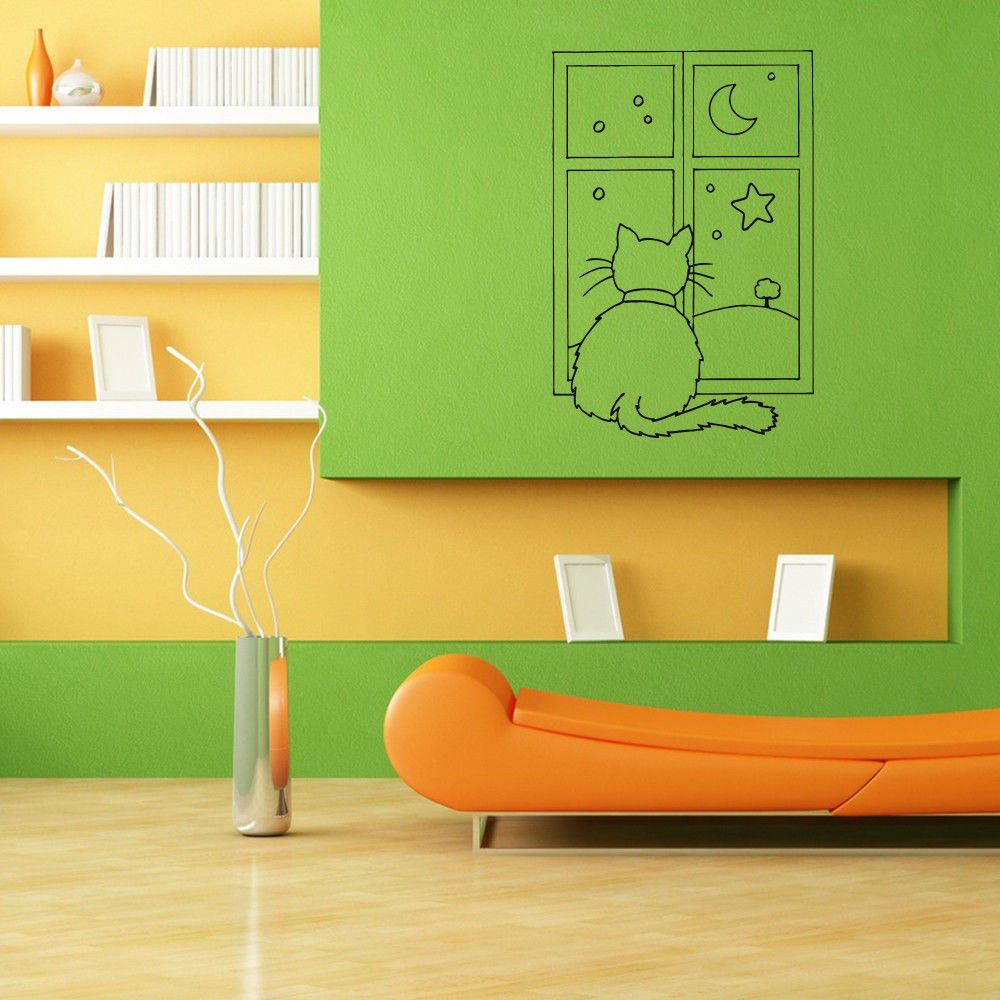 Wall Decor Vinyl Decal Sticker CAT WINDOW MOON DA620